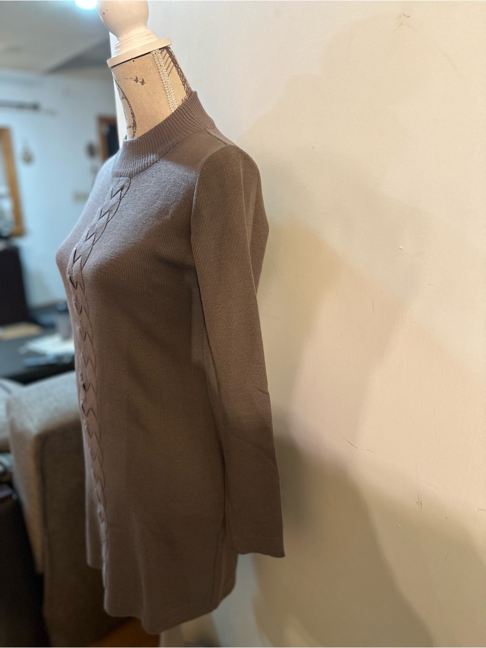 Long-Sleeve Taupe Knit Dress with Braided Front - Picture 6 of 12
